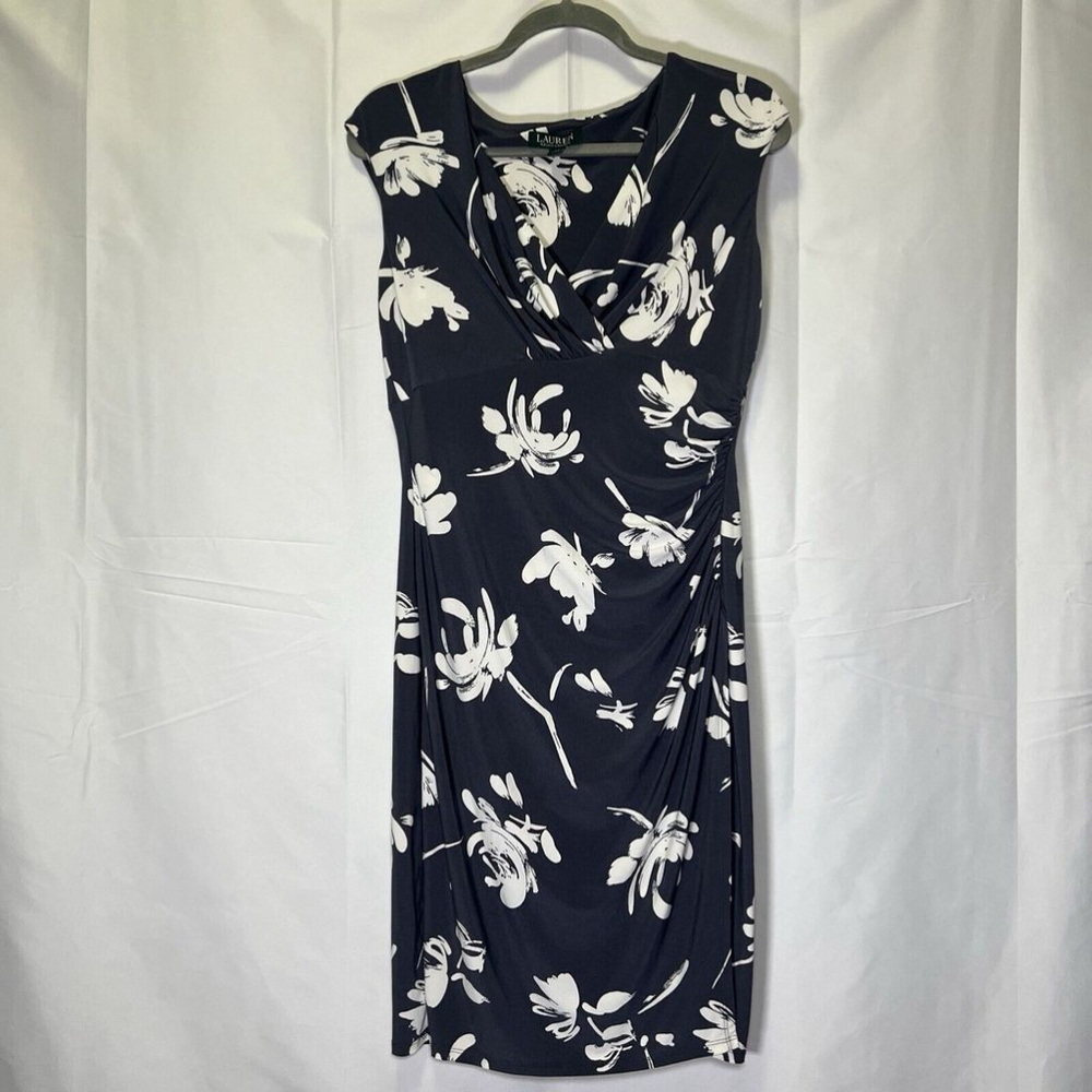 Lauren Ralph Lauren V-Neck Faux Wrap Gray Floral Print Jersey Dress Sz 10